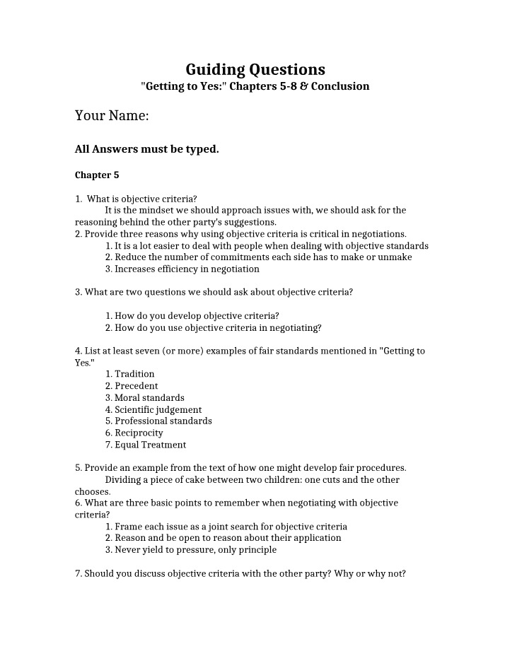 Getting to Yes Chapters 5-8 & Conclusion Guiding Questions
