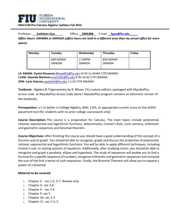 MAC 1140 Fall 2016 Syllabus