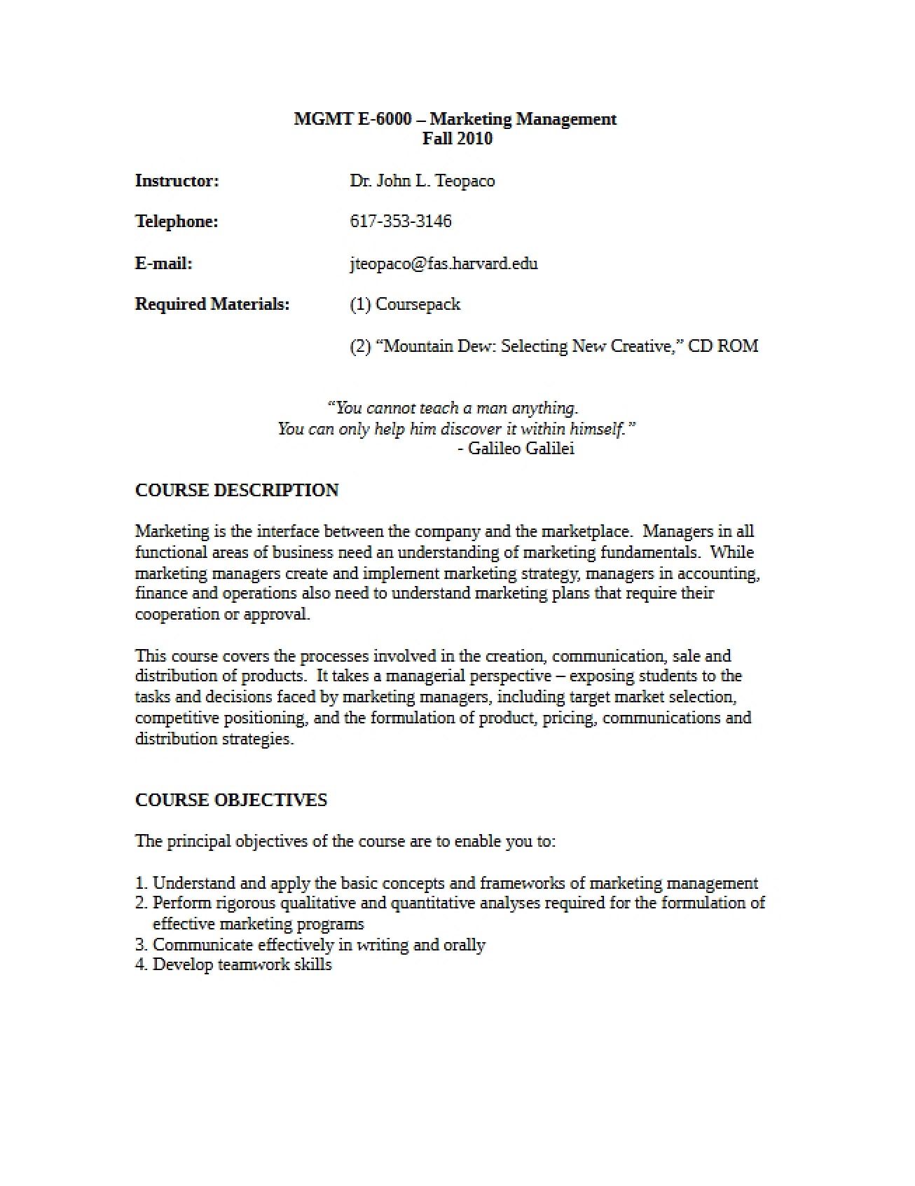 Marketing Management Fall 2010 Syllabus