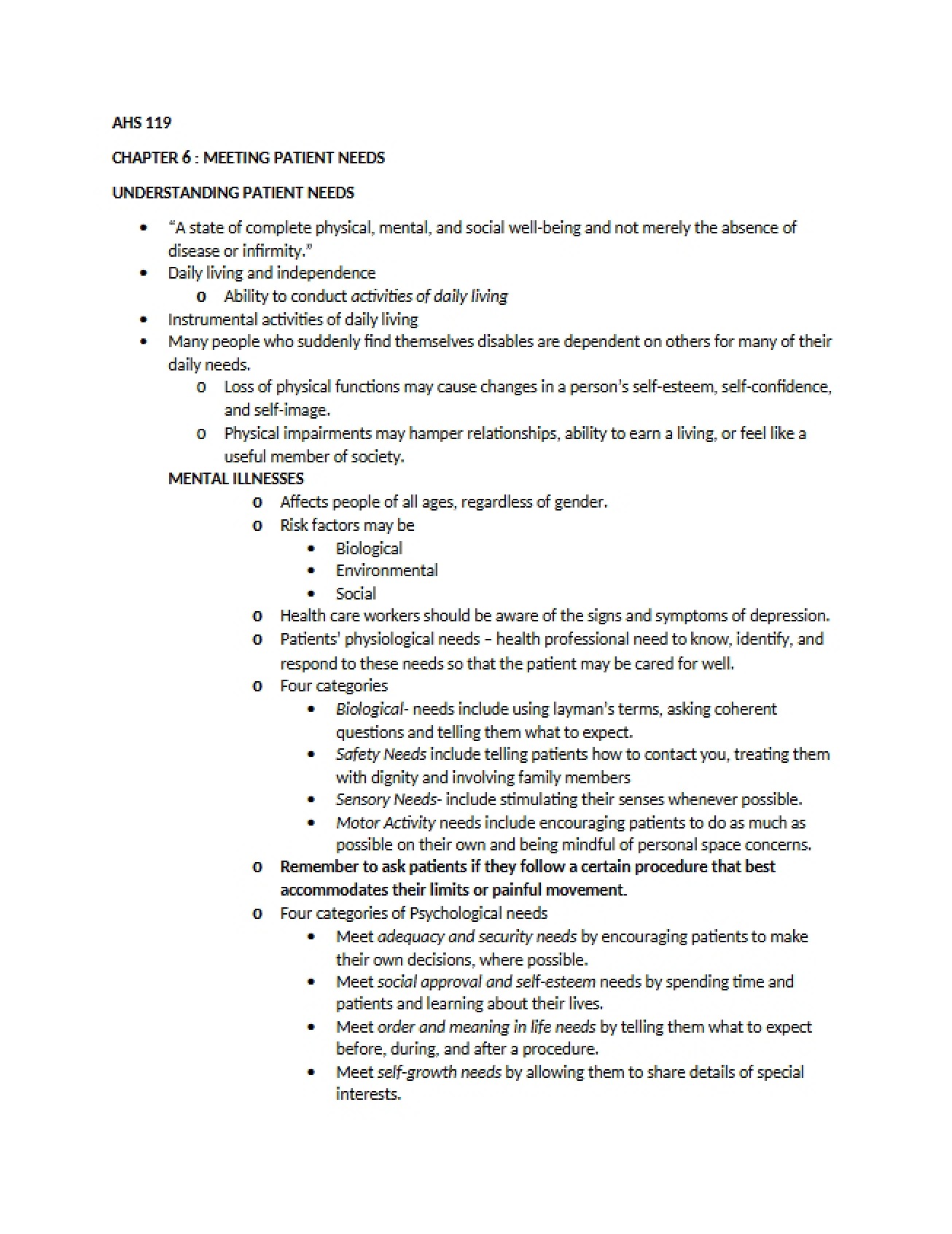 Meeting Patient Needs (Chapter 6)