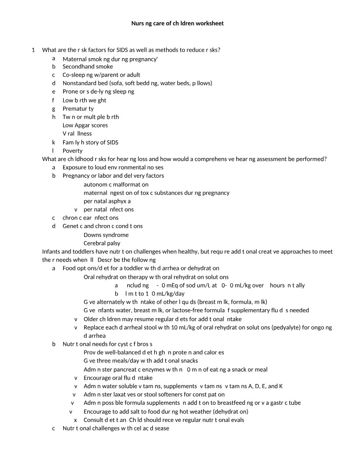 Worksheet on Nursing Care of Children