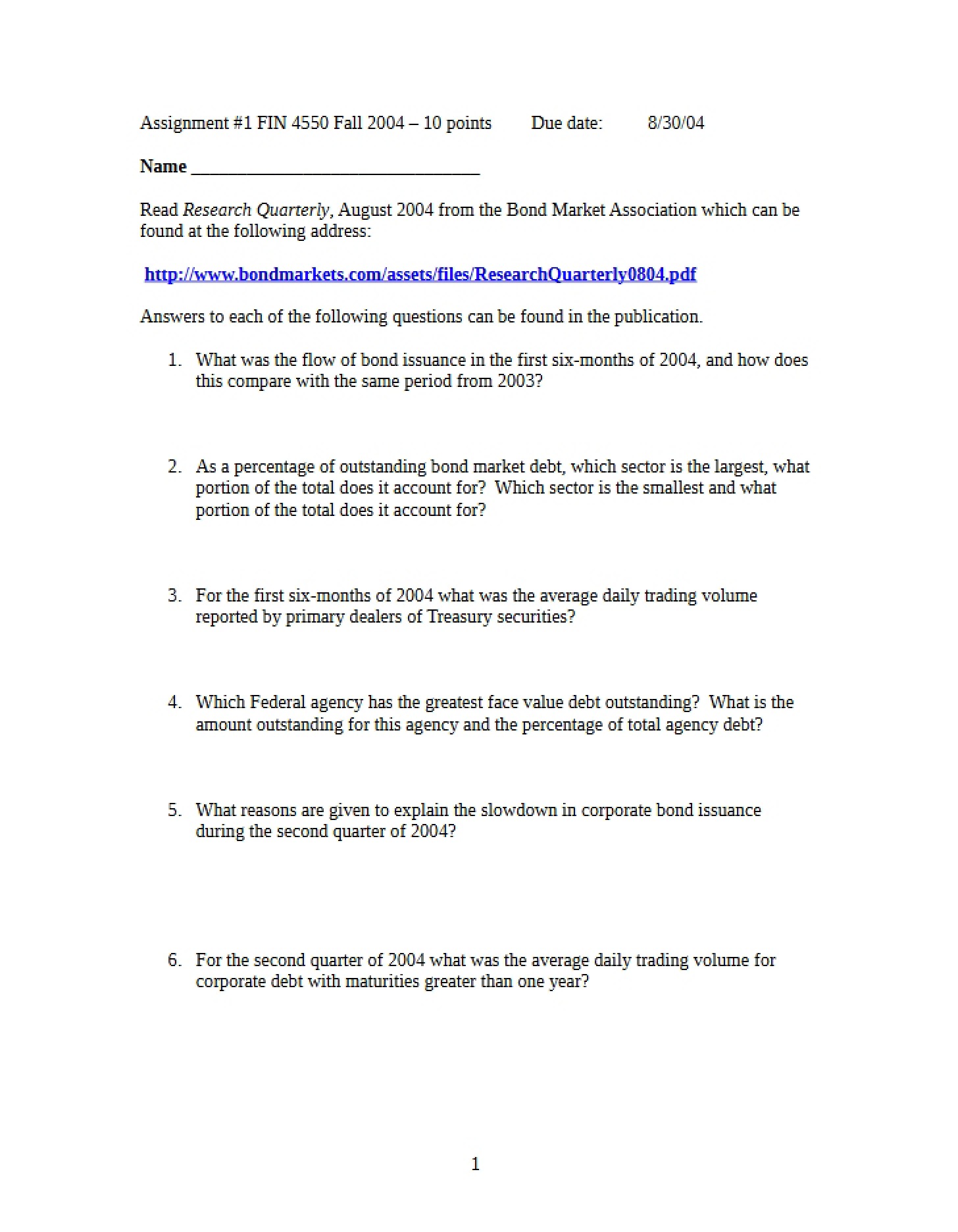 Assignment 1 for Finance 4550