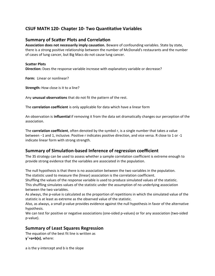 MATH120 Chapter 10 - Two Quantitative Variables