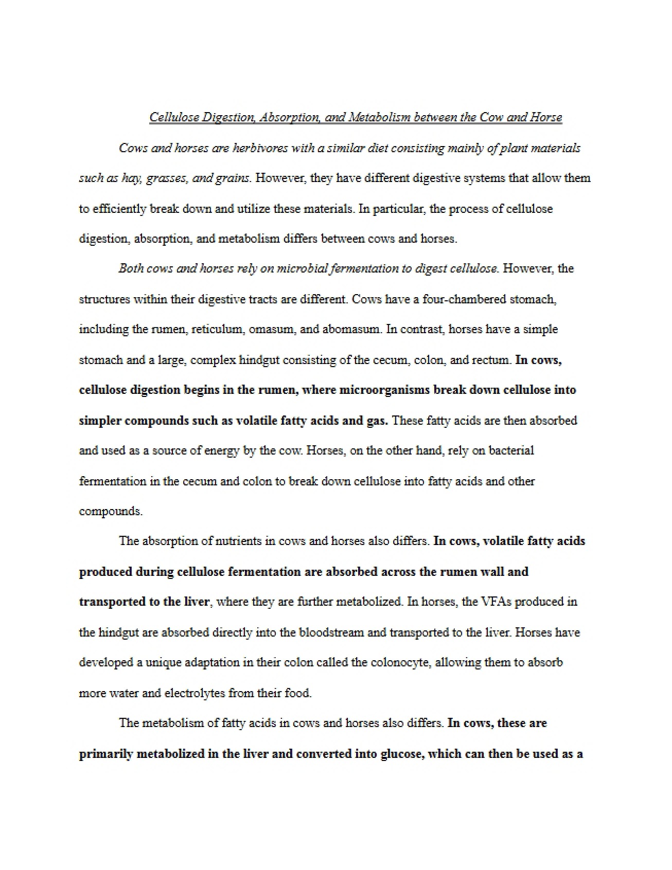 Comparison of Cellulose Digestion, Absorption, and Metabolism in Cows and Horses