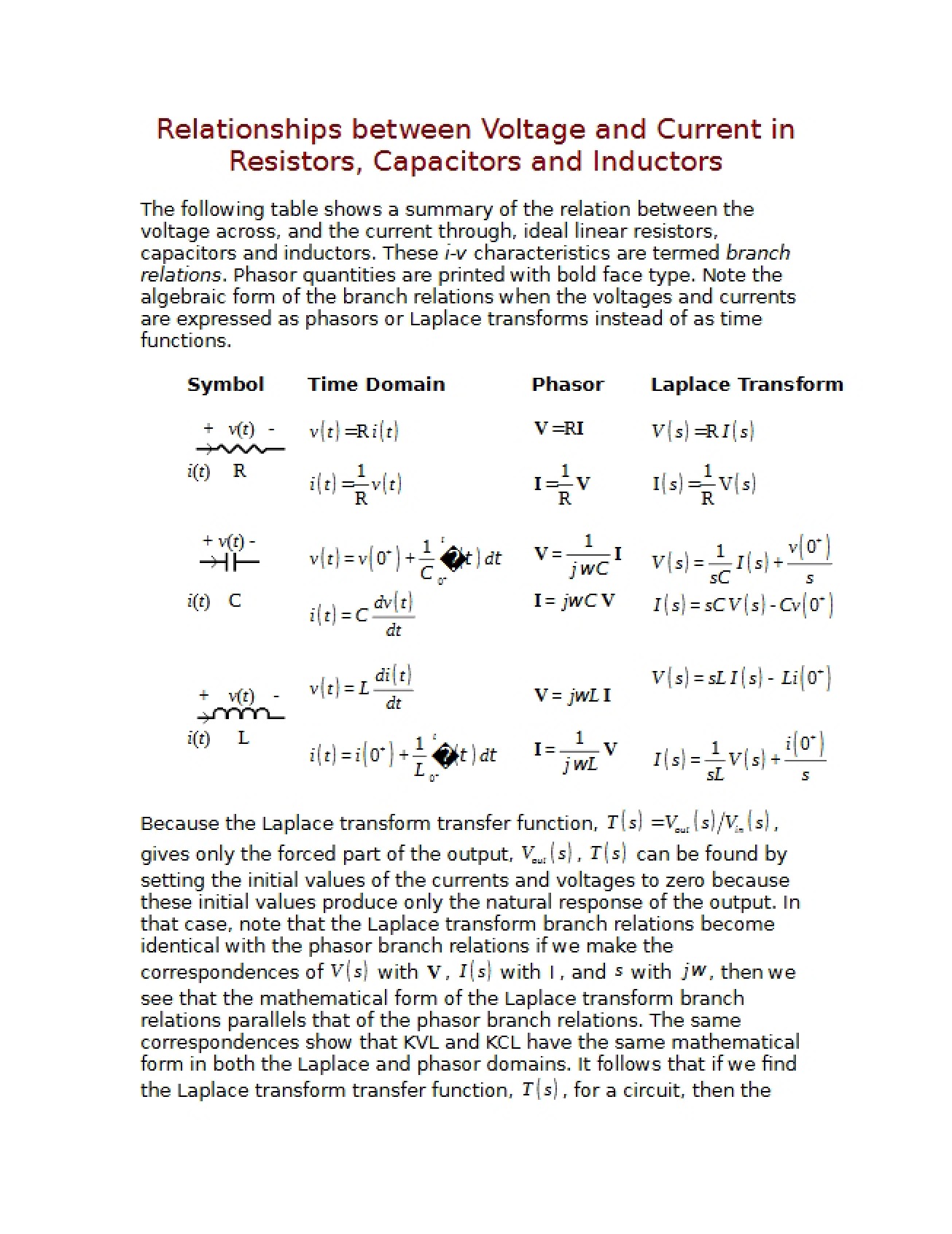 Voltage-Current Relationships R, L, and C