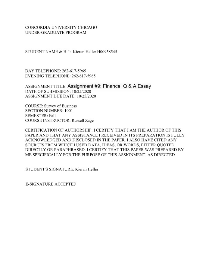 Finance Q&A Essay - Assignment 9