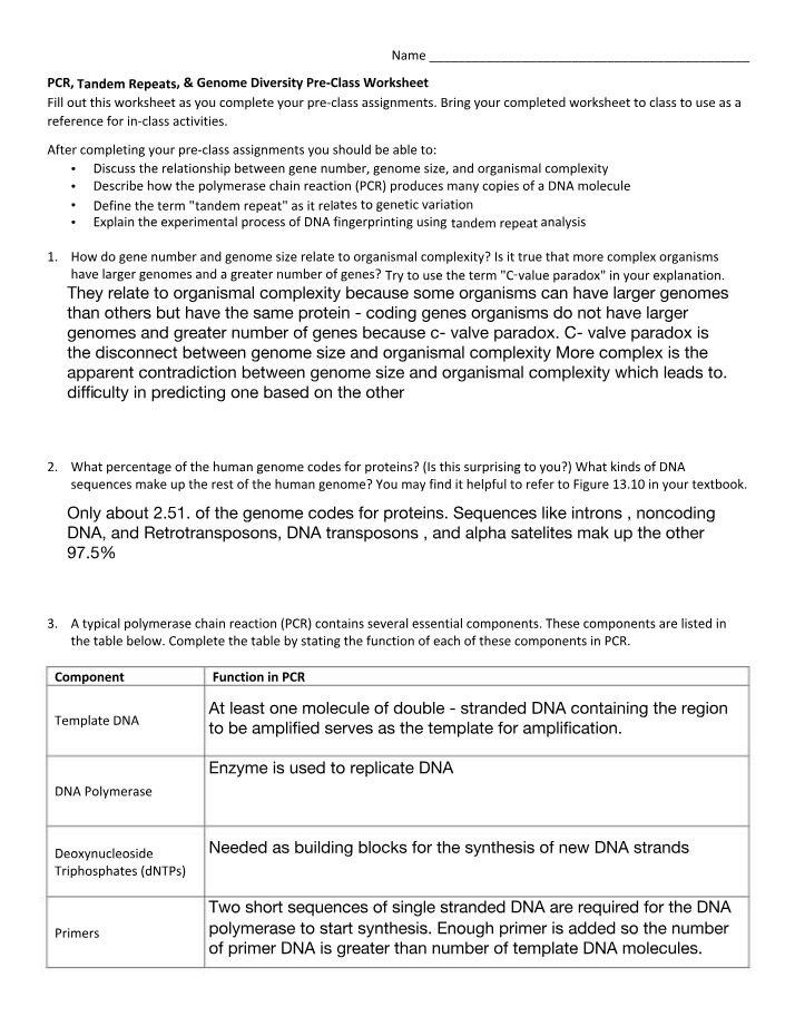 PCR, Tandem Repeats, and Genome Diversity Worksheet