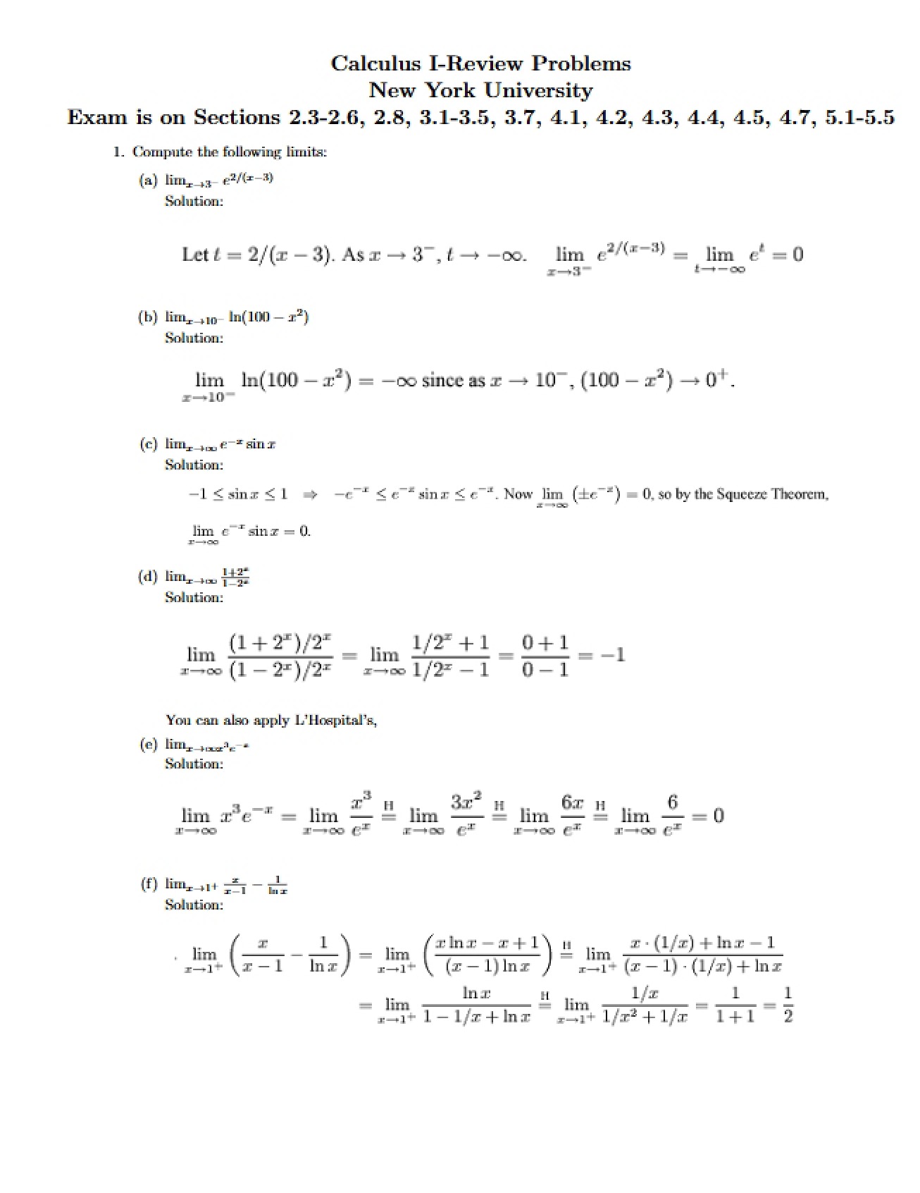 Calculus Practice for Finals