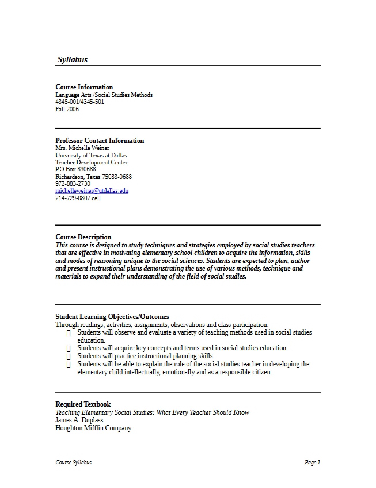 Syllabus Social Studies Methods (Grades EC-6) - Social Studies Methods For Grades Ec - 6