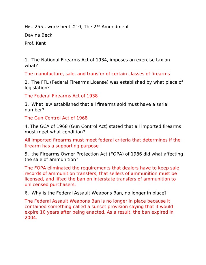 Worksheet 10 - The 2nd Amendment