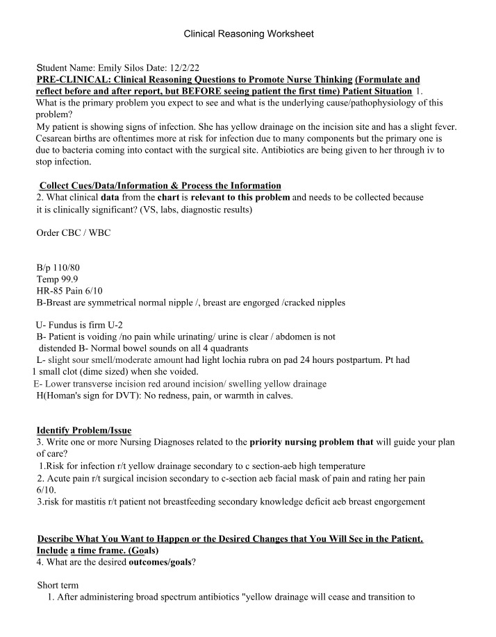 Worksheet for Clinical Reasoning