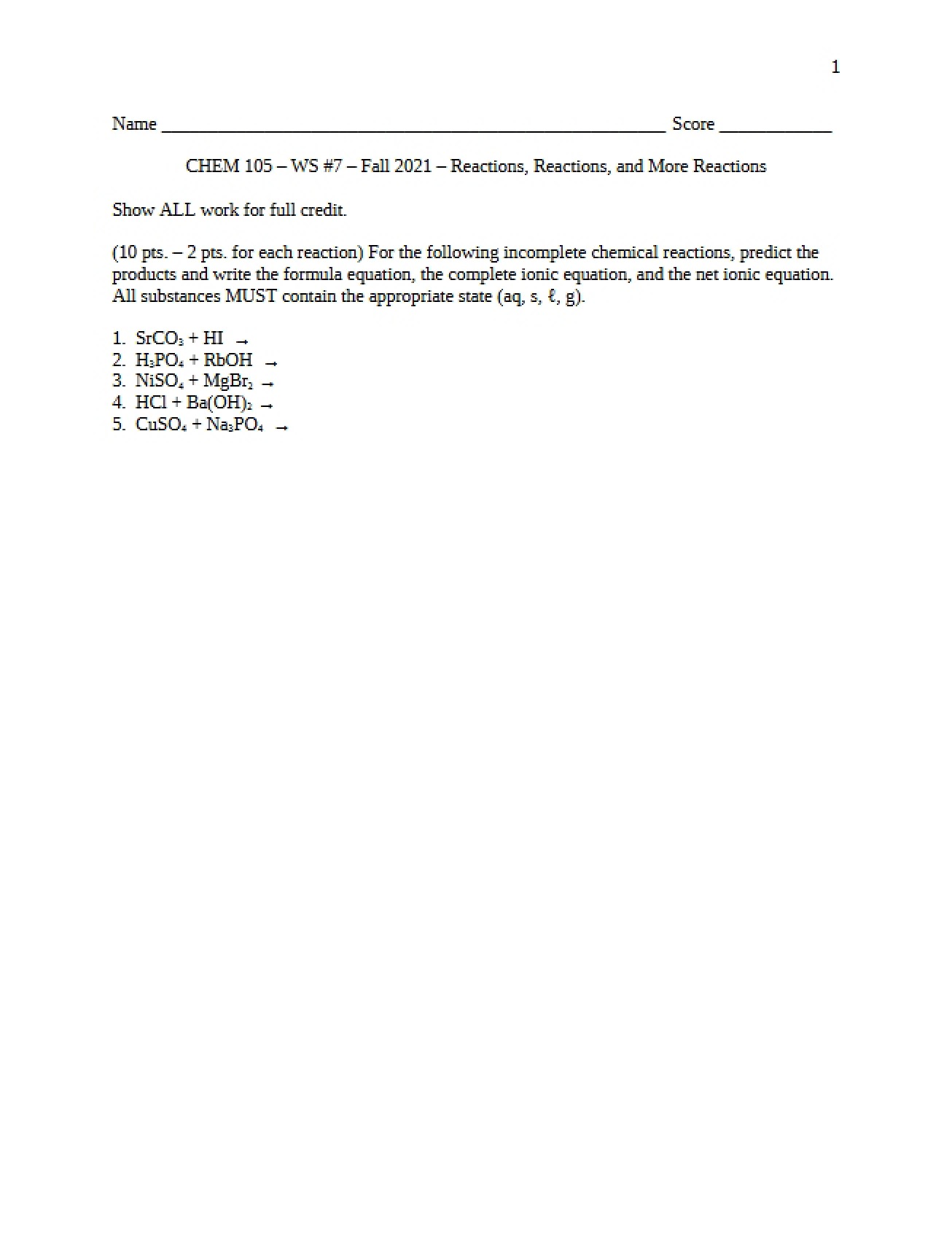 General Chemistry Worksheet 7