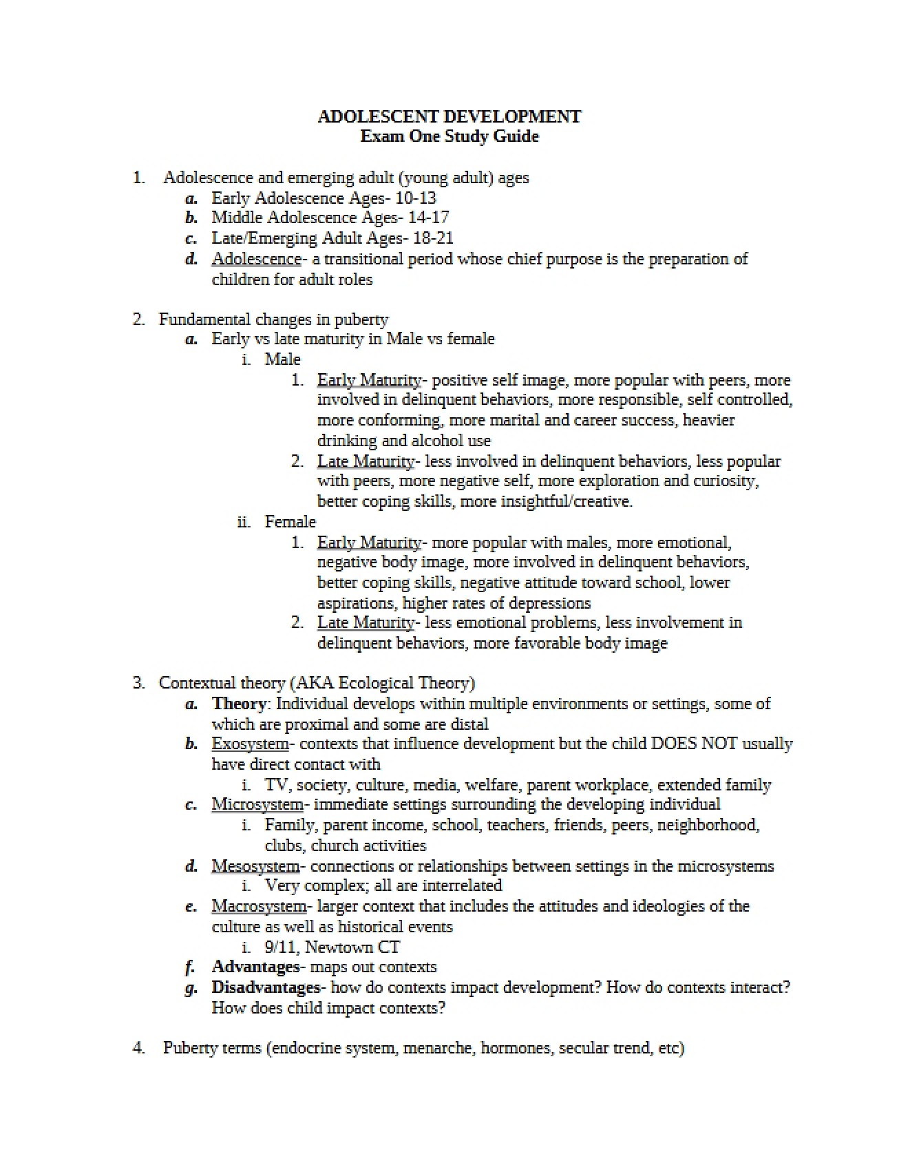 Study Guide for the First Exam in Adolescent Development