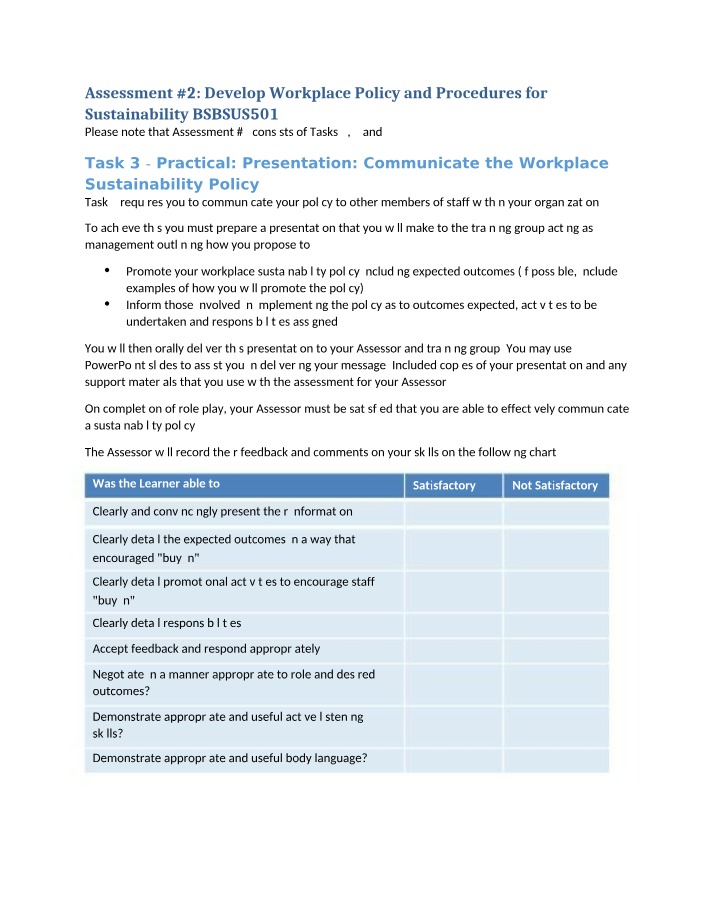 Workplace Policy and Procedures for Sustainability - BSBSUS501 Assessment 2