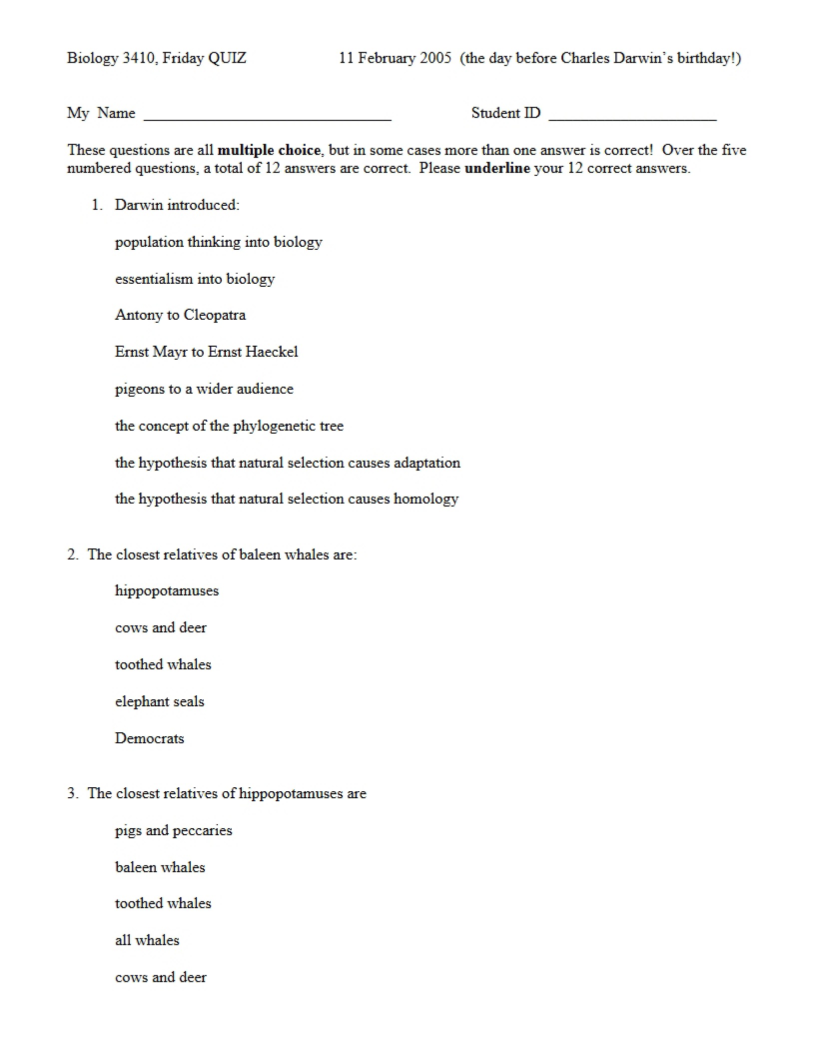 Quiz for Ecology and Evolution