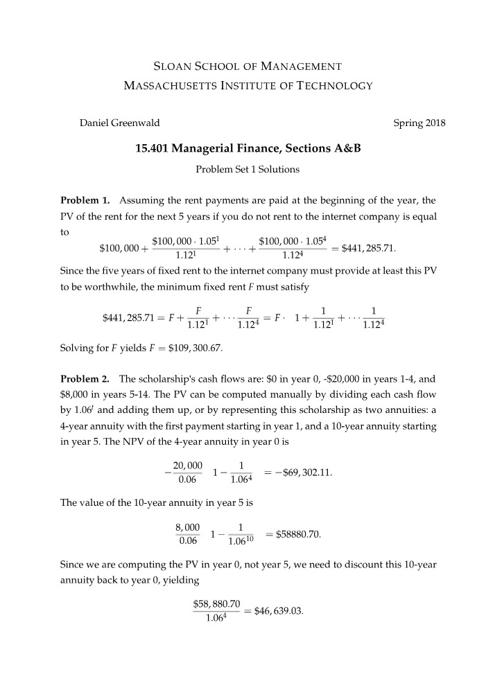 Managerial Finance - Solutions to Problem Set 1