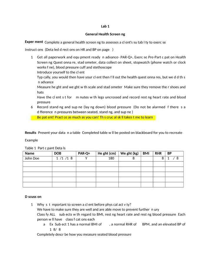 Lab Manual - General Health Screening for Exercise