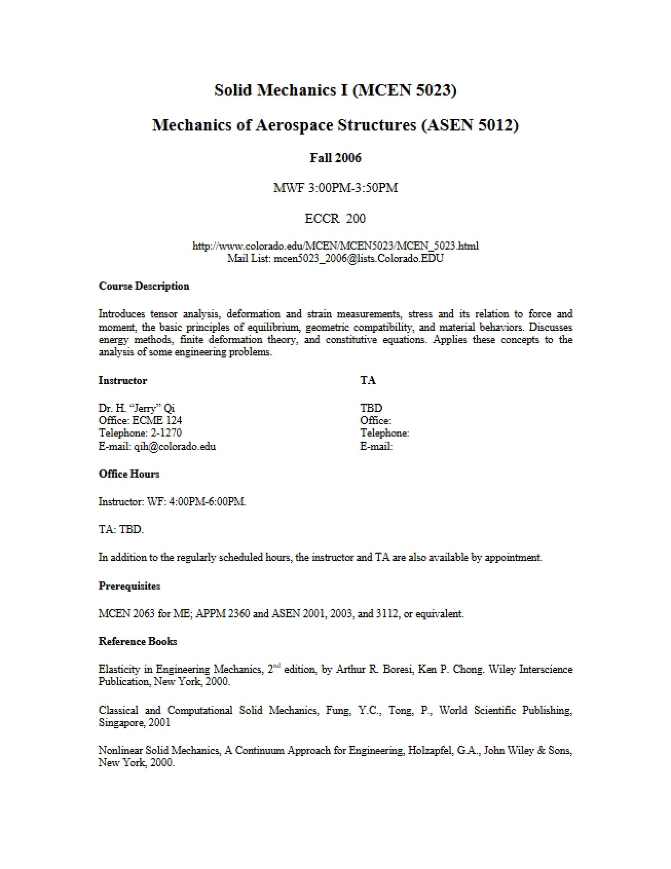 Solid Mechanics 1 Syllabus