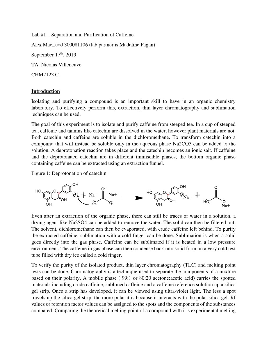 Separation and Purification of Caffeine - Lab 1