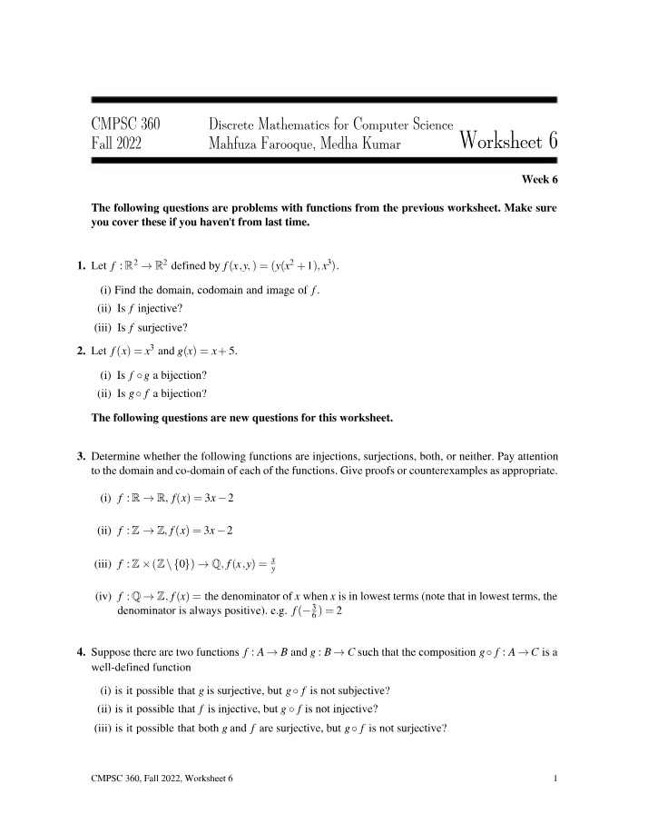 Worksheet 6 - Functions, Injections, and Surjections