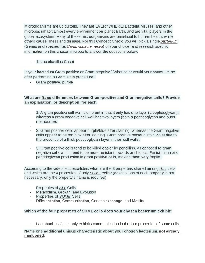 Lactobacillus Casei Properties, Gram Stain, and Cell Characteristics Concept Check