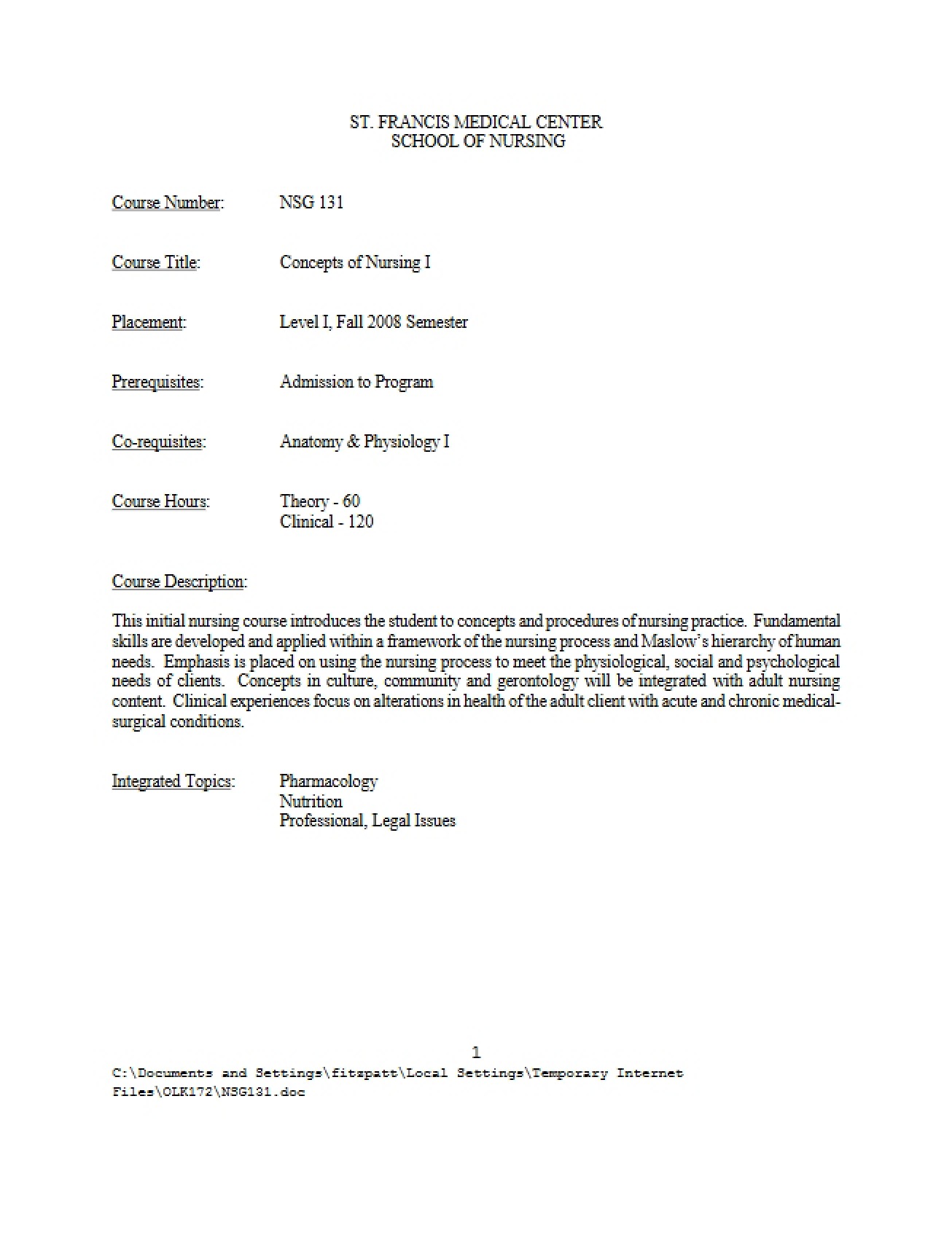 Syllabus for Nursing Concepts I