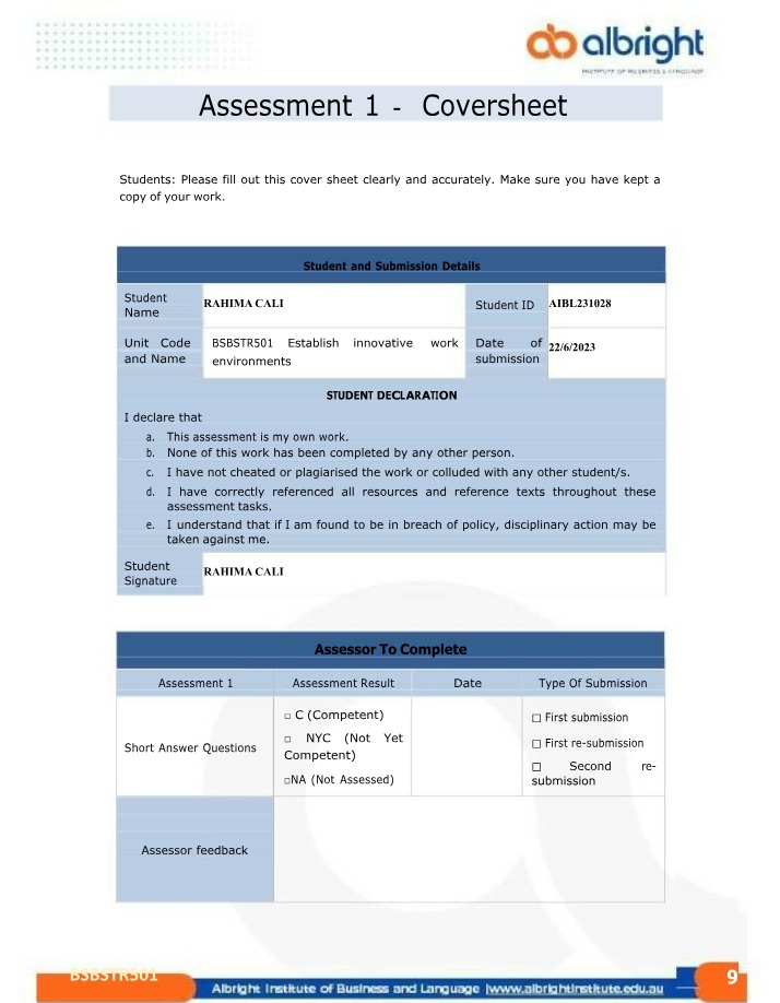 Assessment 1 Coversheet Template