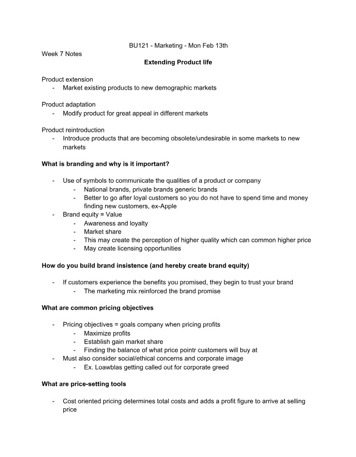 BU121 Mon Feb 13th Marketing Notes