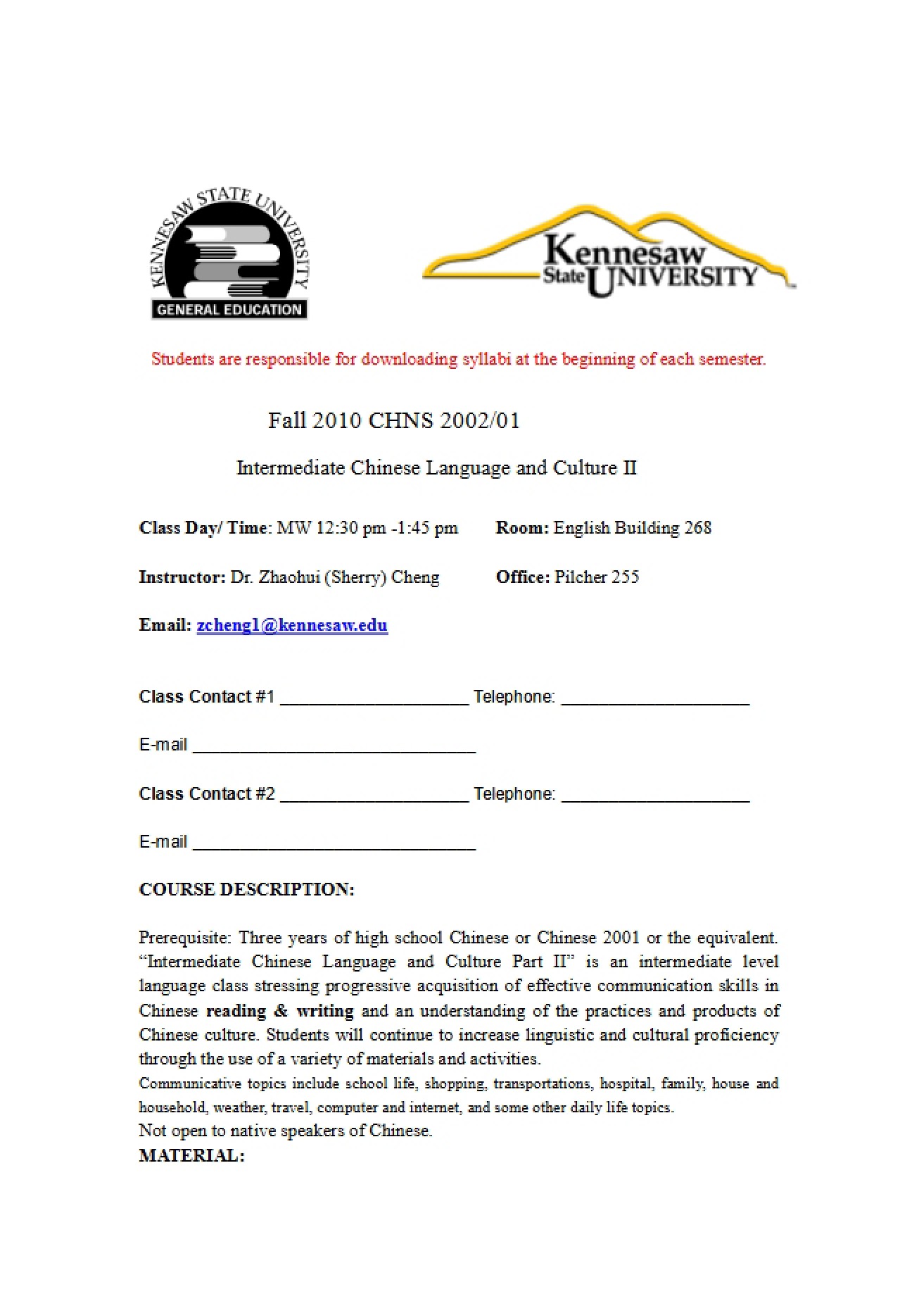Course Syllabus for a Second Part of Intermediate Chinese Language and Culture Class