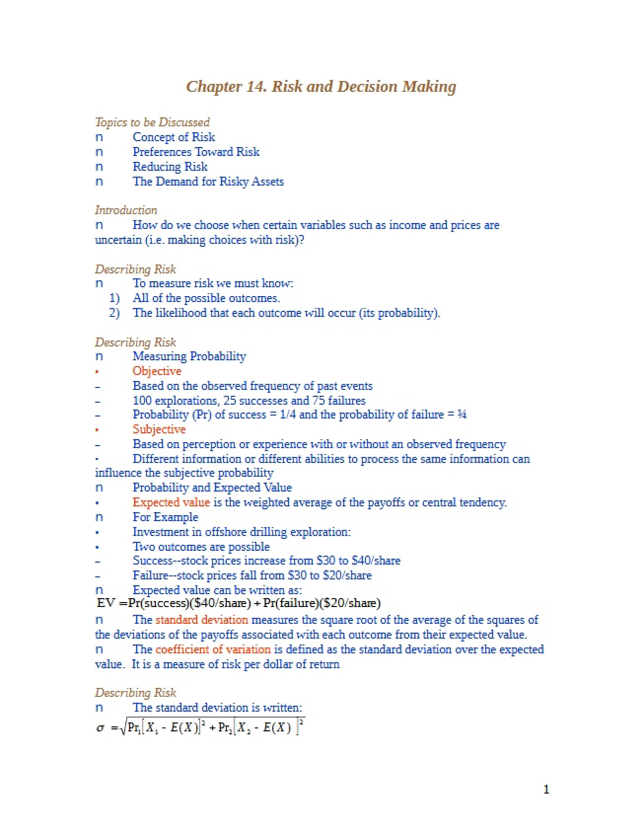 Decision Making and Risk (Ch 14)
