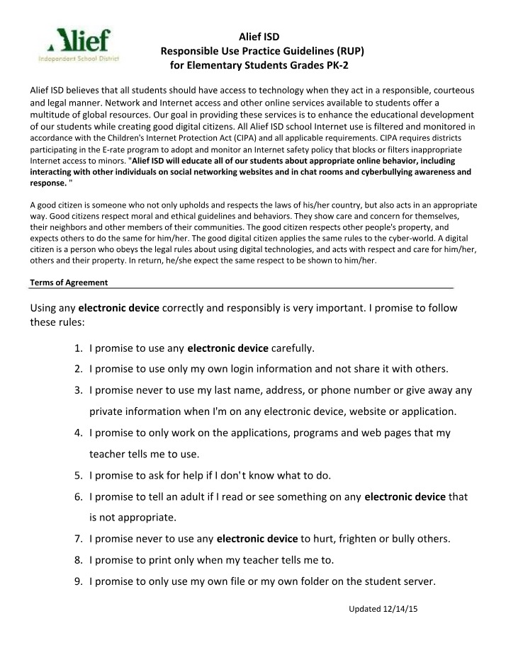Responsible Use Guidelines for Elementary Students PK-2