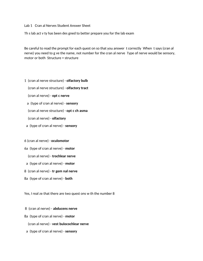 Cranial Nerves Lab 13 - Student Answer Sheet