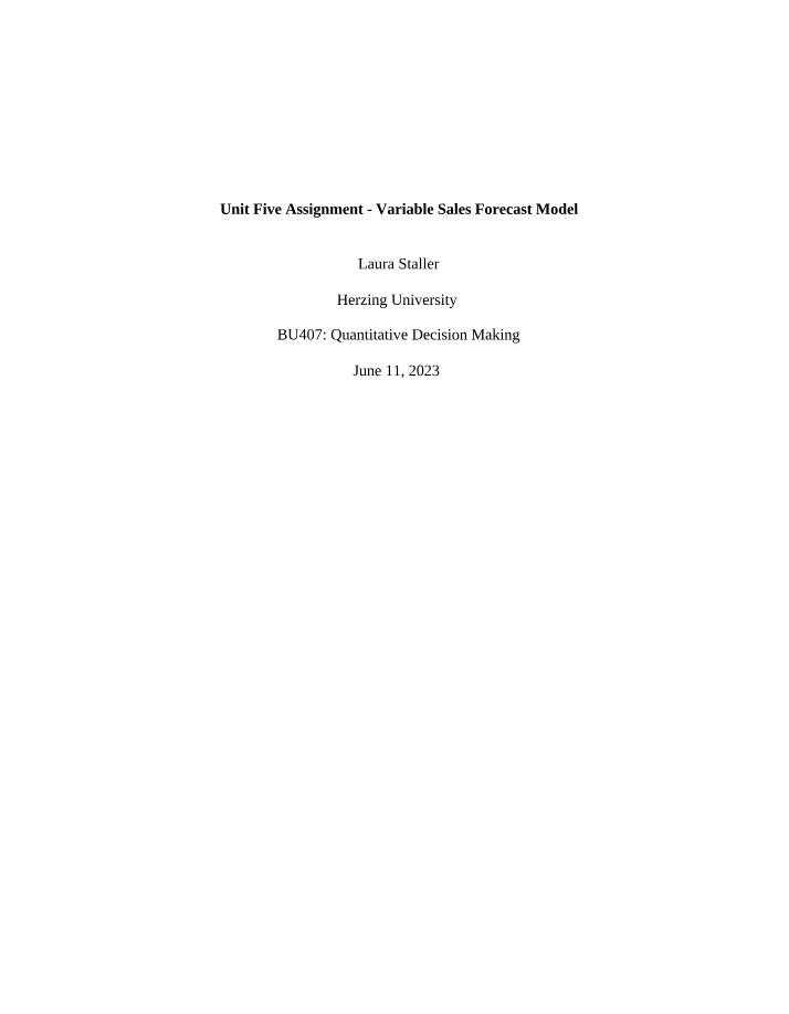 Unit 5 Assignment - Variable Sales Forecast Model