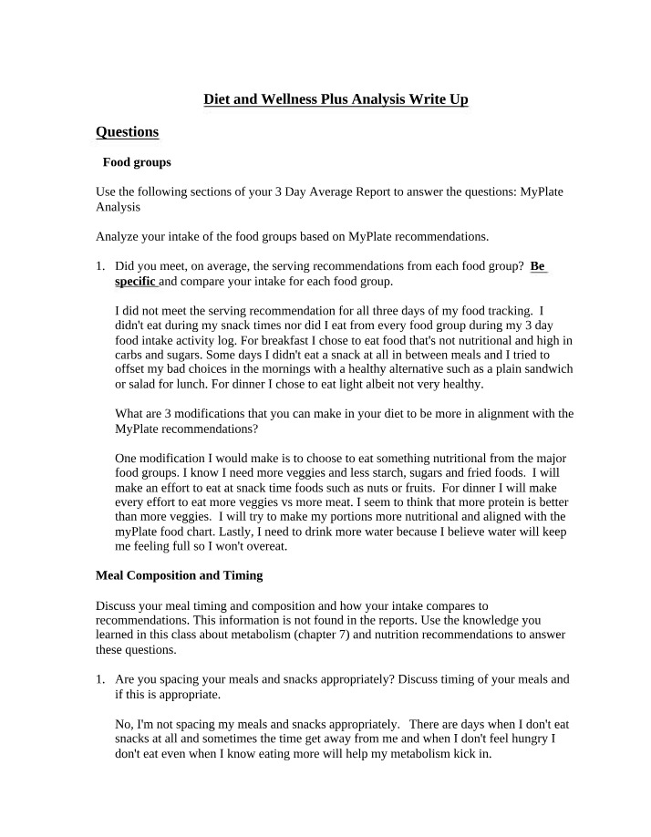 Write Up for Diet and Wellness Plus Analysis