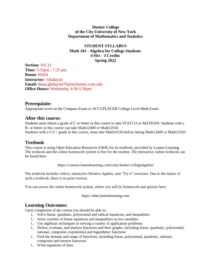 Algebra for College Students Syllabus - MATH 101 Spring 2022