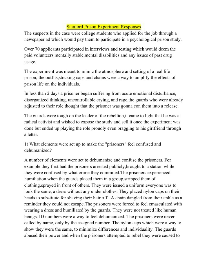 Responses to the Stanford Prison Experiment