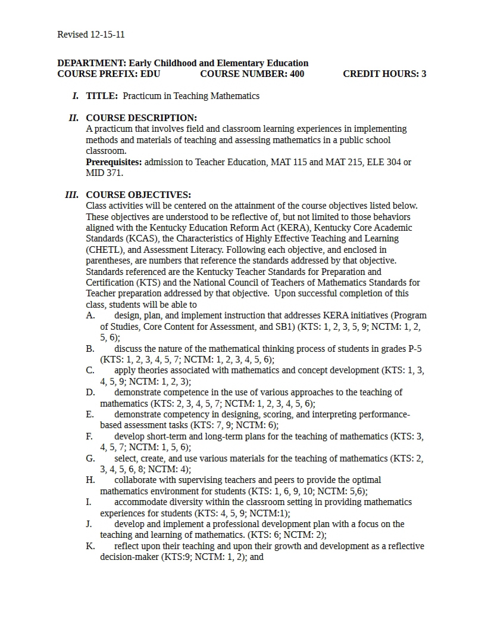 Syllabus - Practicum in Teaching Mathematics