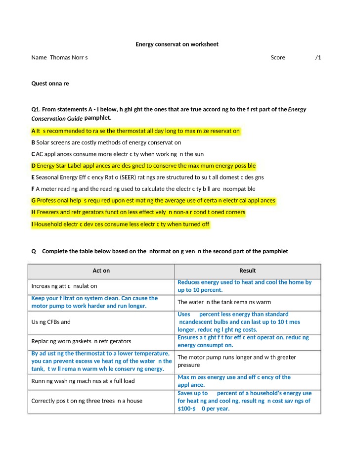 Worksheet on Energy Conservation Tips and Actions
