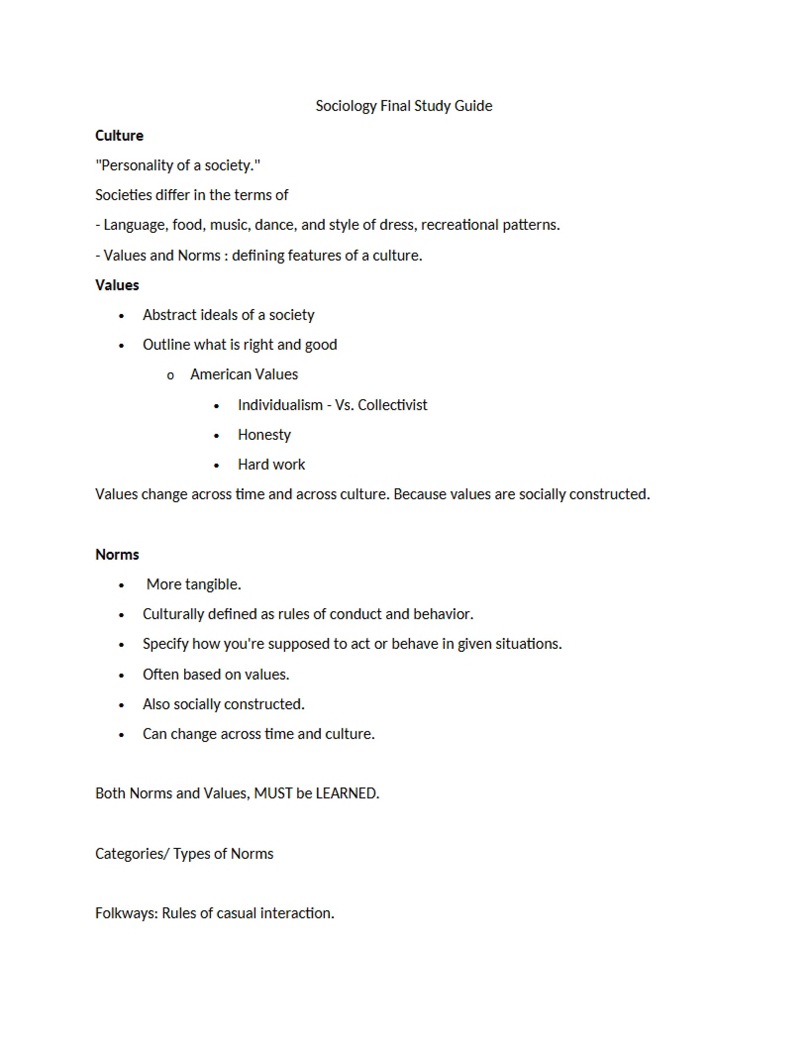 Final Study Guide for Sociology