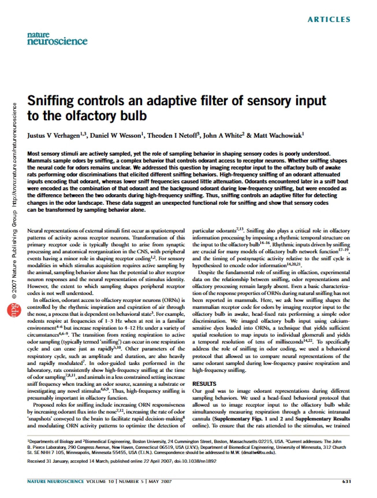 Olfactory Bulb Sensory Filter Controls