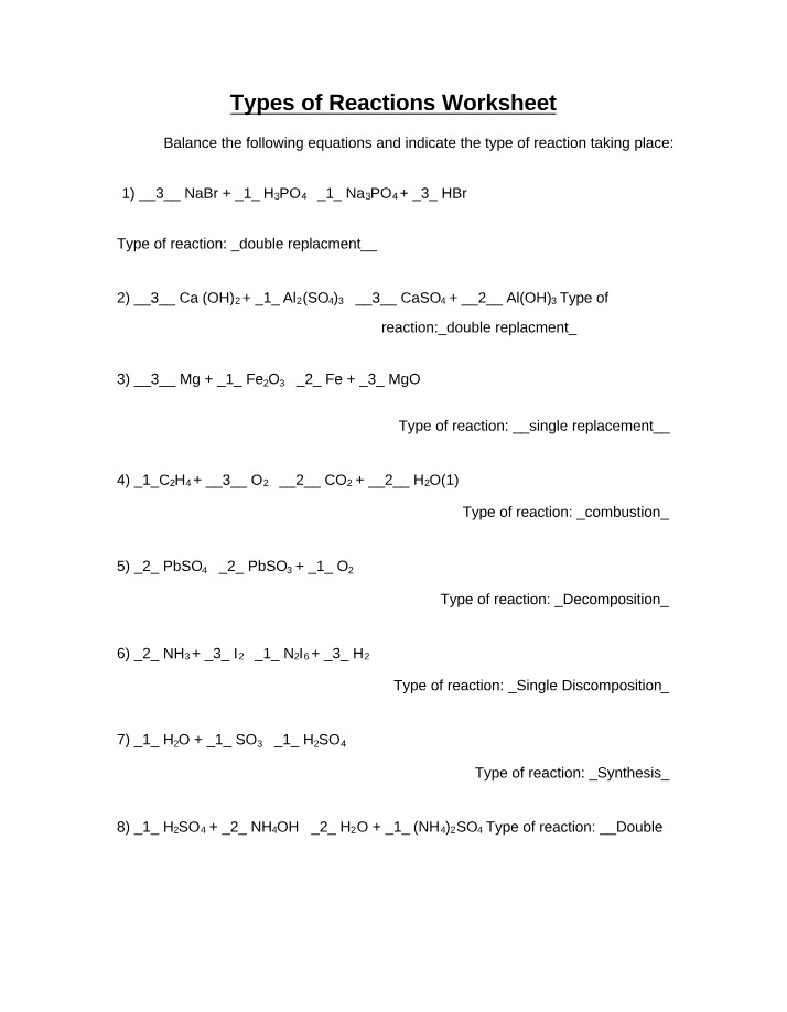 Worksheet on Reaction Types