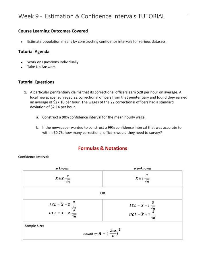 Estimation and Confidence Intervals - Week 9 Tutorial