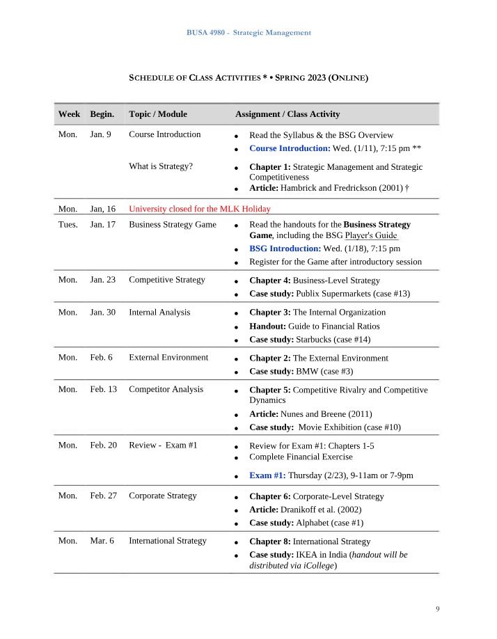 Online Activities Schedule