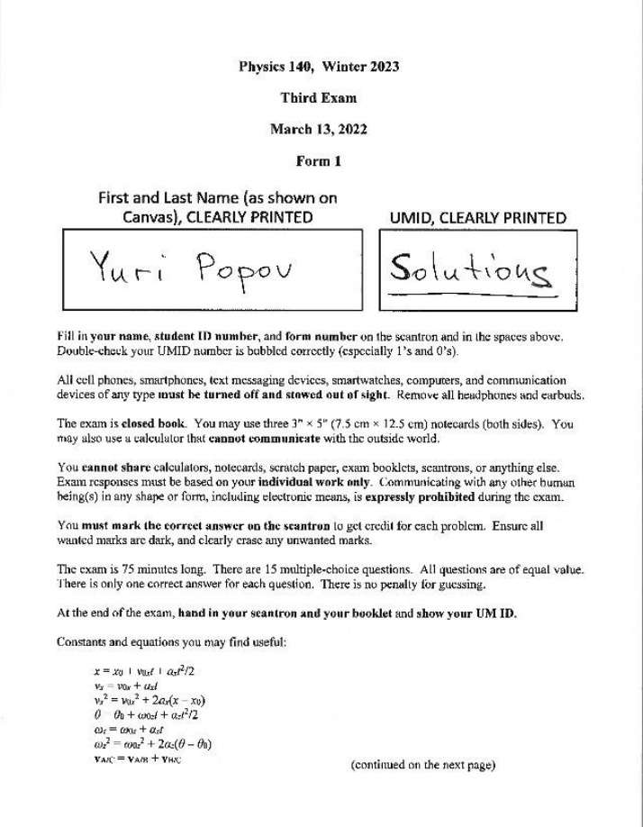 Third Exam for Physics 140