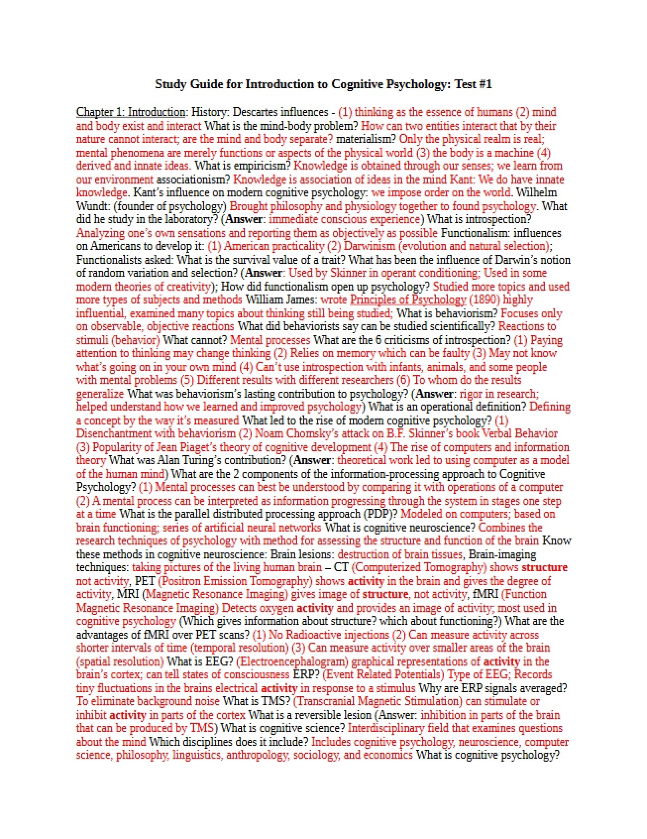 First Exam Study Guide for Cognitive Psychology
