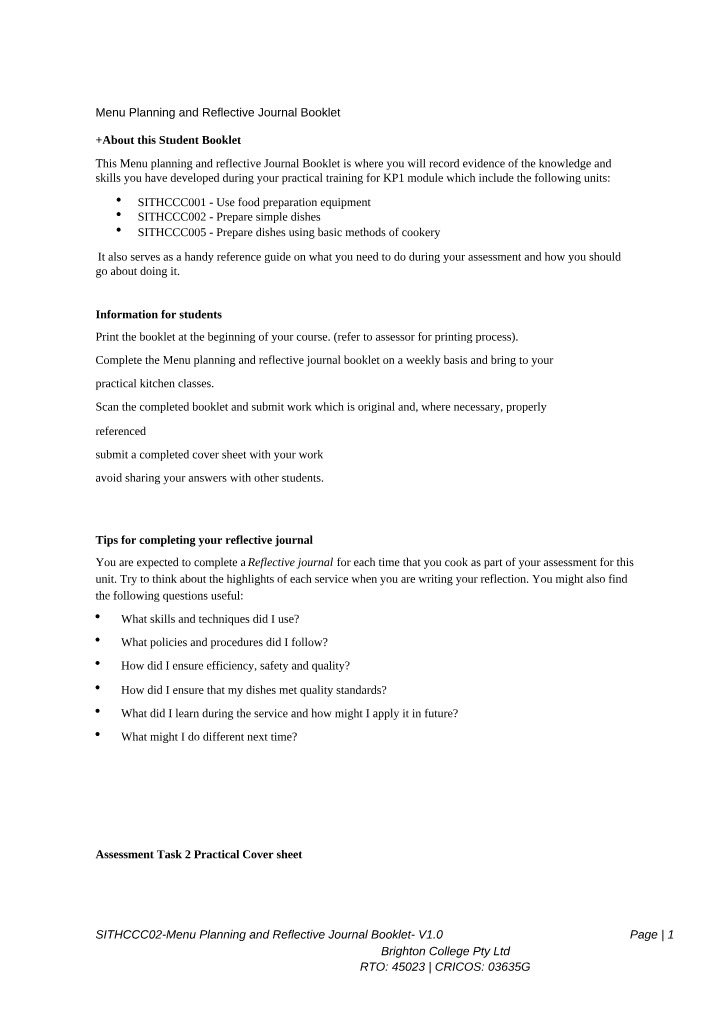Menu Planning and Reflective Journal - KP1 Practical Training