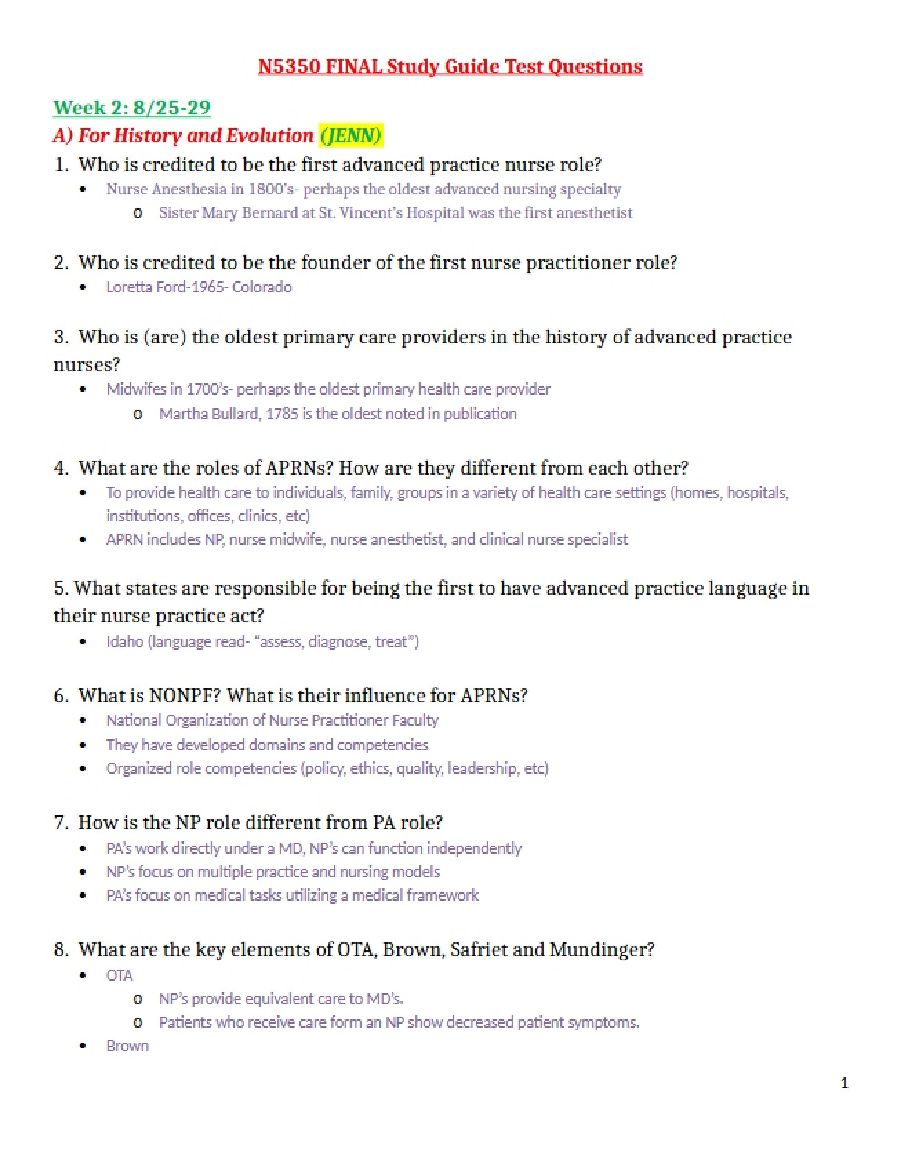 Final Exam Study Guide for Roles