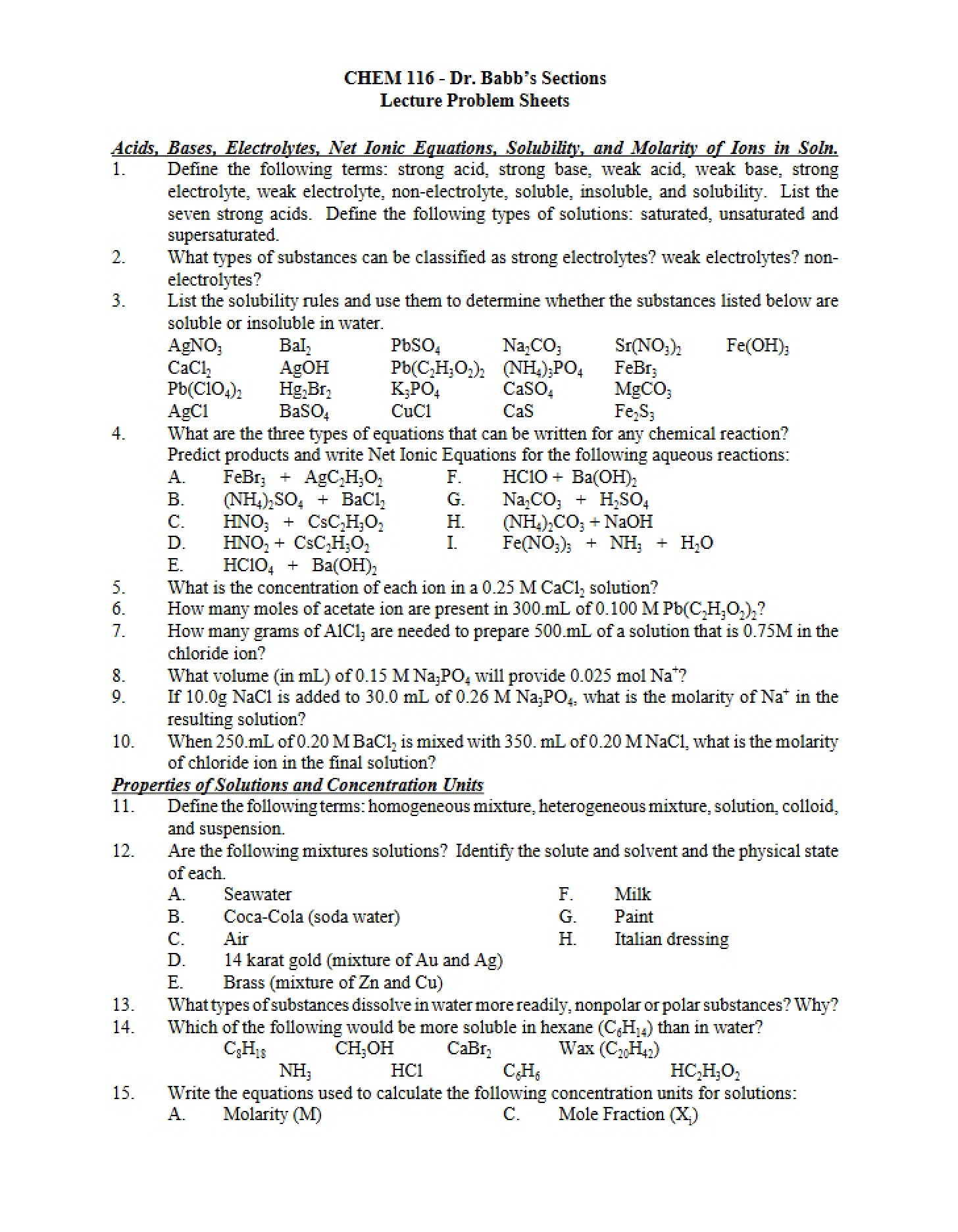 Problem Sheets for Lecture