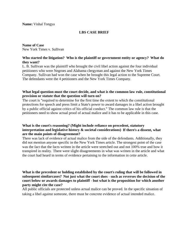 Case Brief of New York Times v. Sullivan