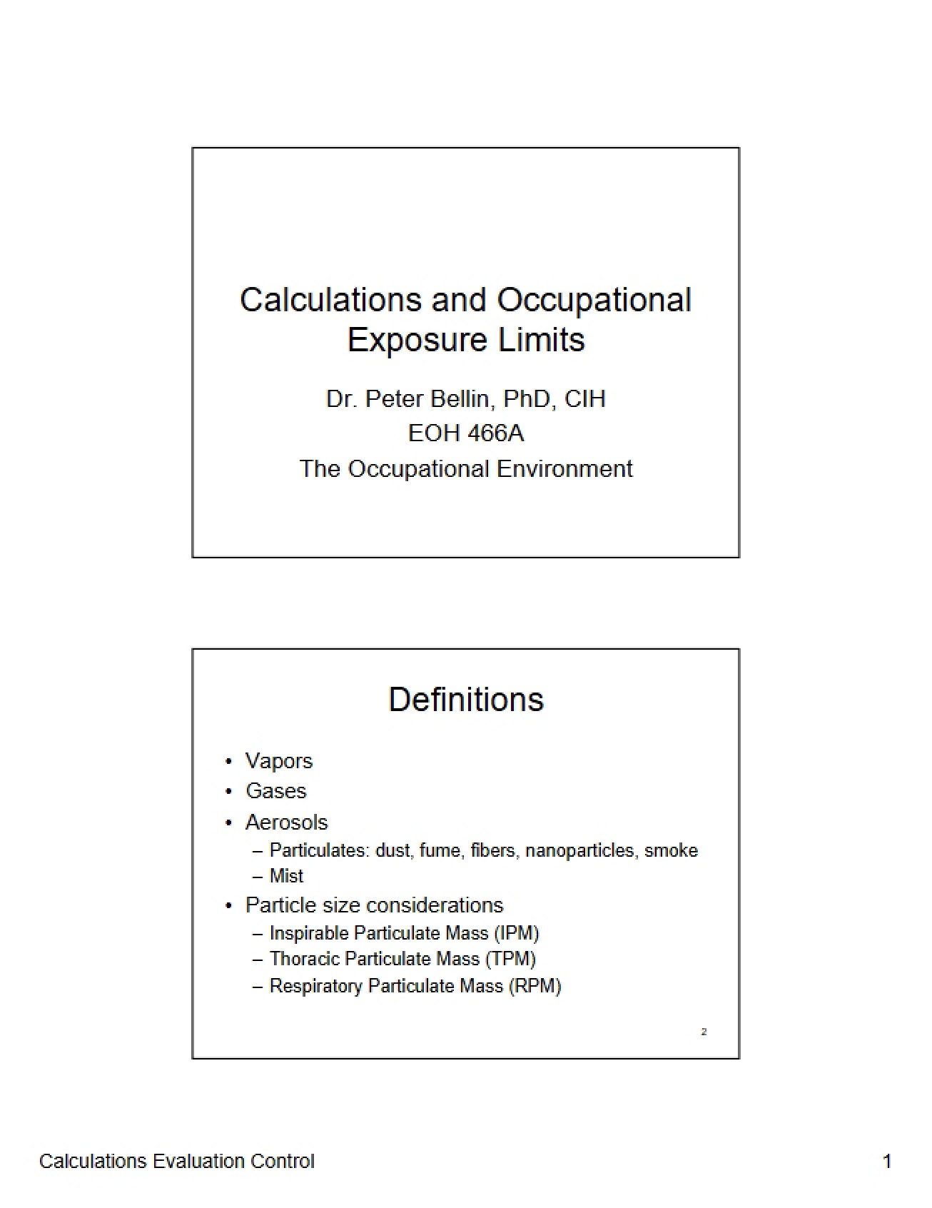 Occupational Exposure Limits and Calculations